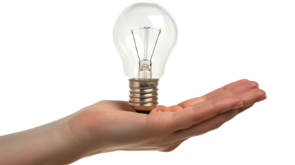 Hand holding light bulb on transparent background: innovation and creativity concept