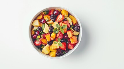 Plate of fresh fruit salad, top view, on a white background, isolate