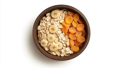 Plate of dry cereal with fruits, top view, on a white background, isolate