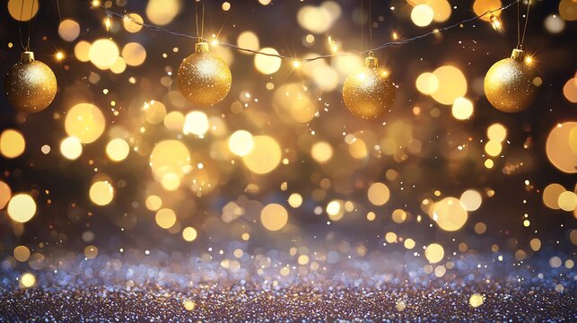 Vibrant and illuminated Christmas party backdrop with dazzling lights sparkling glitter and blurred golden decorations for a festive atmosphere