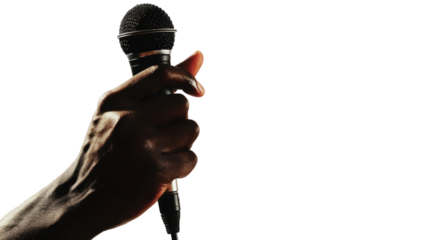 Hand holding microphone with transparent background