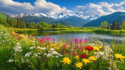Beautiful colorful wild flowers with snow mountain in Spring.