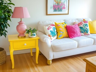 Yellow side table, white sofa, pink lamp, colorful pillows in bright living room.