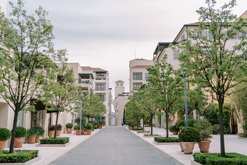 Naklejka premium Clean wide pedestrian street with green trees and colorful houses