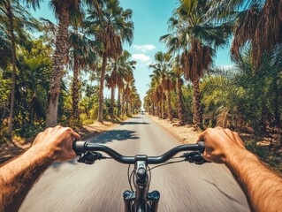 drivers point of view of driving bicycle between palm trees - ai