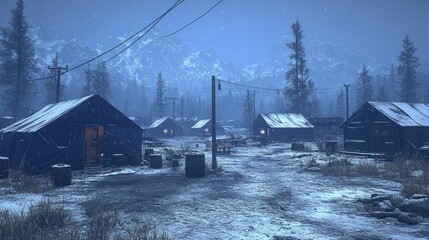 Snowy mountain military base at night