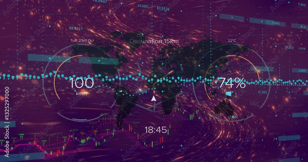 Poster world map with data points and futuristic digital interface animation