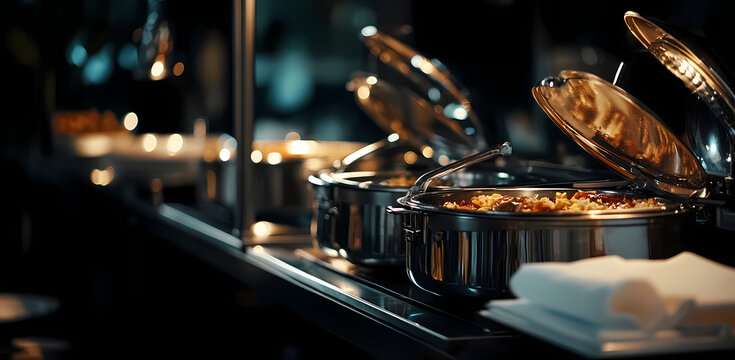 Feast in a Row: Culinary delights await at a grand buffet, showcasing gleaming serving dishes overflowing with a variety of delectable food selections. - Powered by Adobe