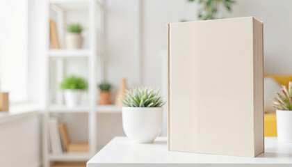 Blank softcover book on minimalist shelf in contemporary living room, modern decor, copy space