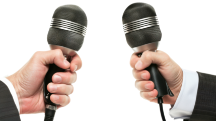 Two businessmen holding microphones on transparent background