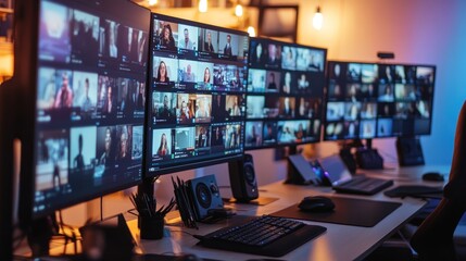 Contemporary remote workplace configuration showcasing multiple screens in operation