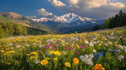 Fototapeta premium Beautiful colorful wild flowers with snow mountain in Spring.