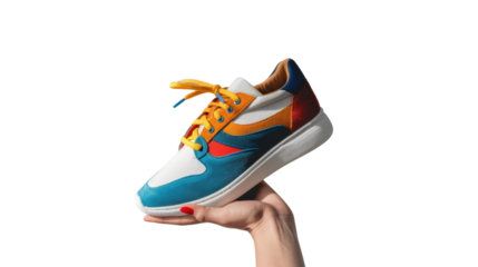 Woman hand holding colorful fashion sneaker with transparent background