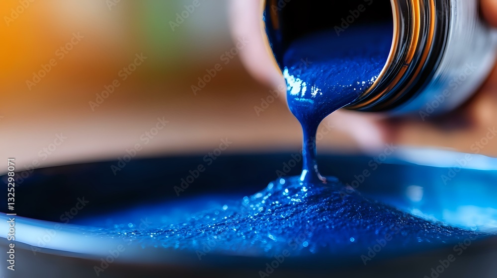 Poster vibrant blue paint or ink pouring from container creating smooth glossy stream with dynamic surface 