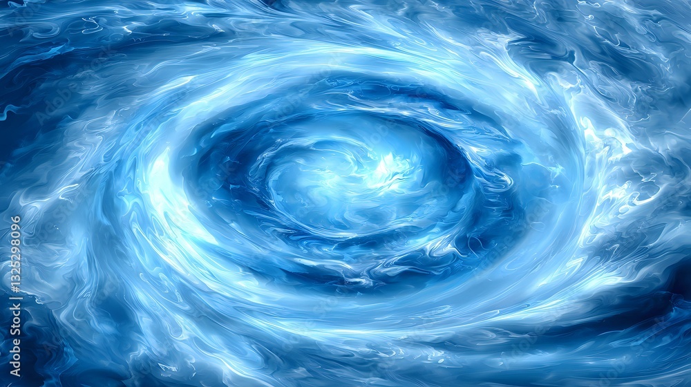 Poster swirling cosmic vortex in ethereal blue tones creates mesmerizing spiral pattern with luminous energ