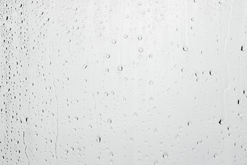 Water drops on light grey glass surface, closeup