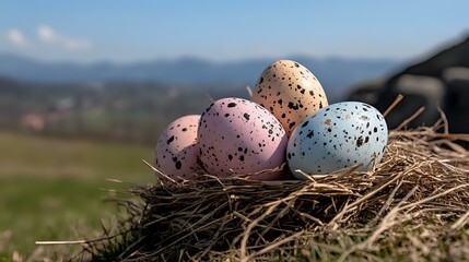 Obraz premium Speckled pastel Easter eggs in pink, beige and blue resting in natural hay nest against blurred spring countryside landscape background, seasonal holiday composition.