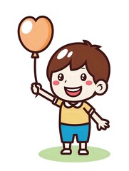 Cheerful cartoon boy holding orange balloon with happy expression, wearing yellow shirt and blue shorts. Cute kawaii character on isolated background.