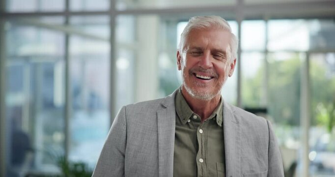 CEO, face and business man with glasses in office with chief investment officer at hedge fund. Portrait, financial manager and happy executive, corporate director and mature professional laughing