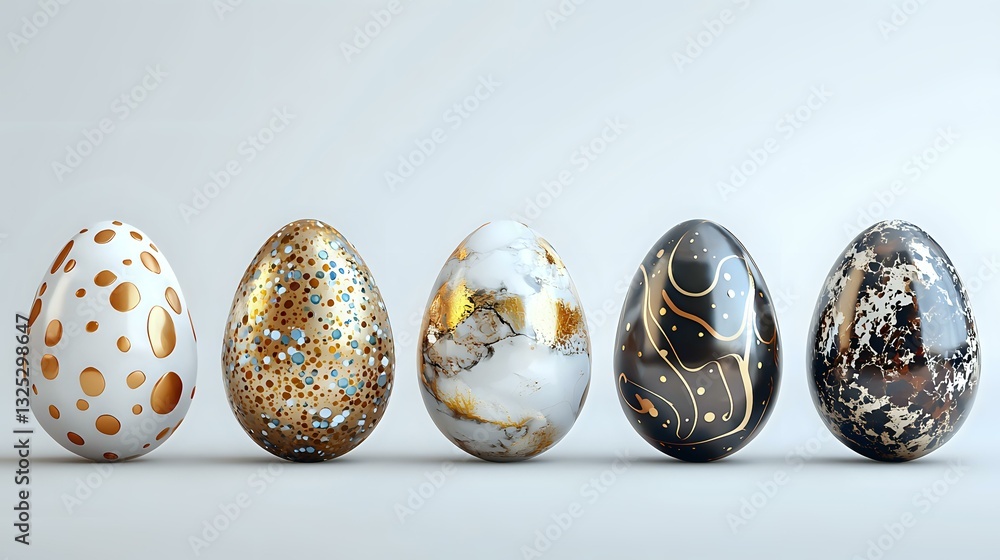 Aufkleber decorative easter eggs with modern abstract patterns in gold, black and white colors arranged in row
