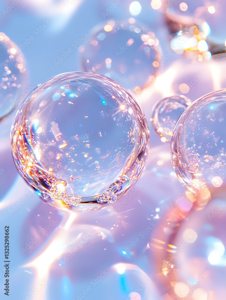 Poster transparent glass spheres with magical sparkles and bokeh lights creating dreamy atmosphere in soft 
