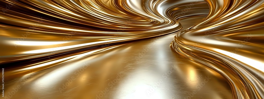 Poster abstract golden swirling tunnel with metallic liquid effect creates dynamic motion and flow. smooth 