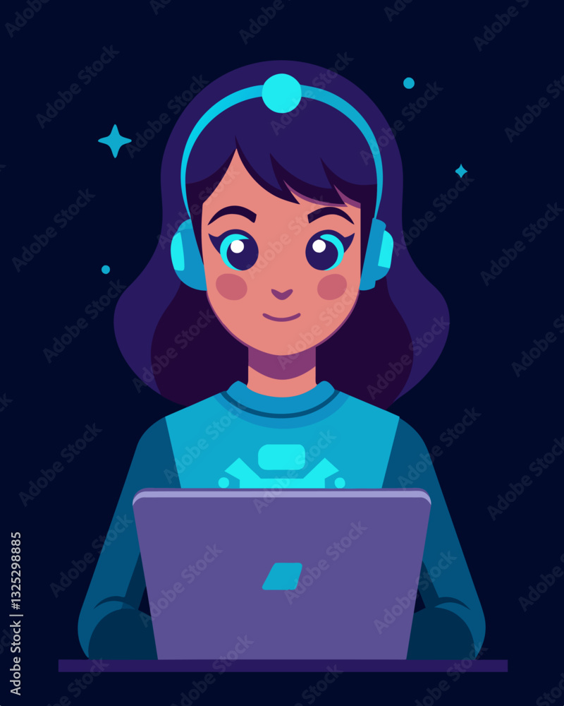Poster a young girls face illuminated by the glow of her laptop screen as she focuses on programming her ad