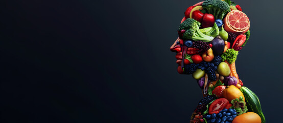 Healthy Mind, Healthy Body: A conceptual illustration of a human silhouette composed entirely of colorful fruits and vegetables, symbolizing the connection between nutrition and well-being.