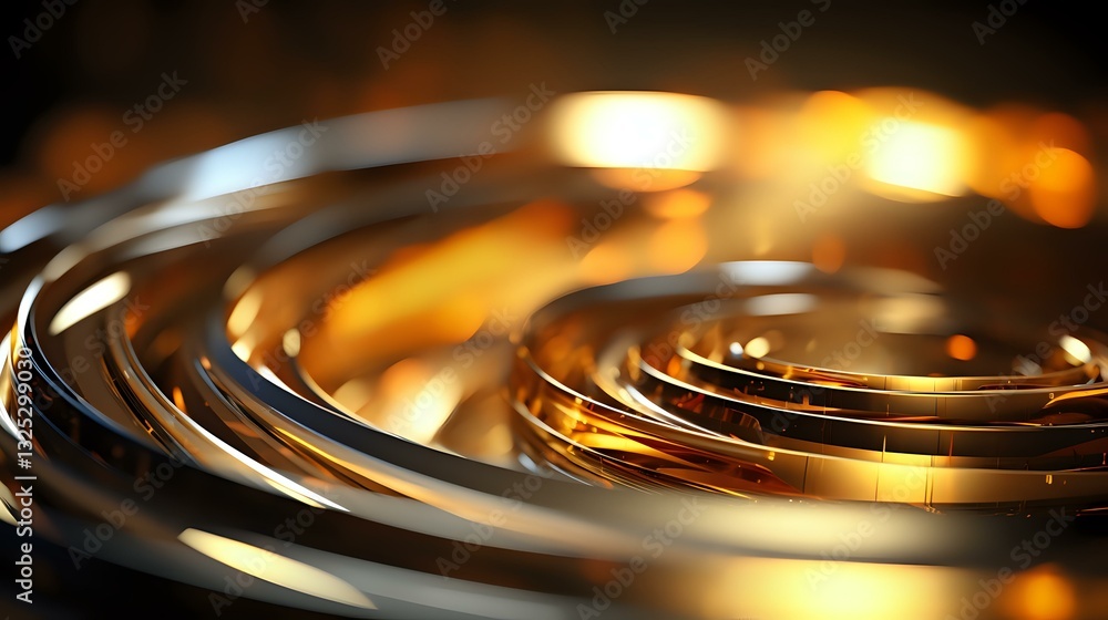 Poster abstract golden spiral waves with metallic reflective surface creating dynamic light and shadow play