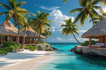 Fototapeta premium Breathtaking Island Escape Featuring Lush Palm Trees and Crystal Clear Waters