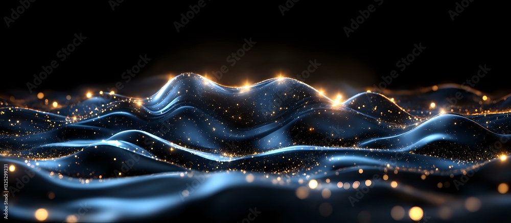 Poster abstract digital waves with glowing blue light particles and golden sparkles flowing on dark backgro
