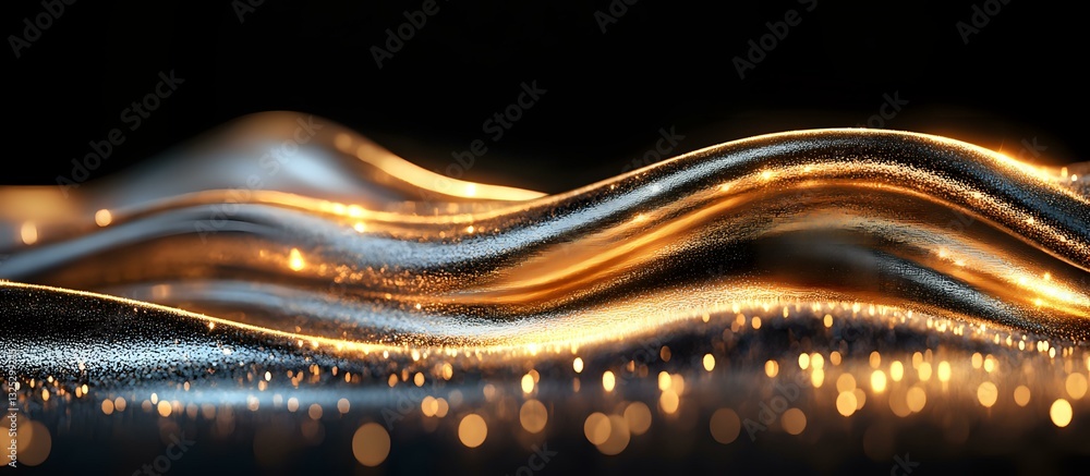 Poster abstract golden waves flow on dark background with glowing particles and bokeh lights creating luxur