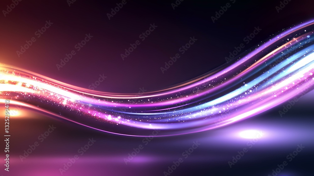 Poster glowing purple and blue light waves with sparkles flow across dark background creating dynamic motio