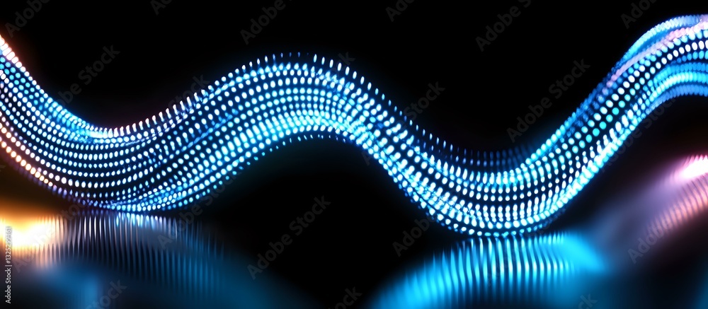 Poster glowing blue wave pattern made of dots creates dynamic motion effect against dark background, with l