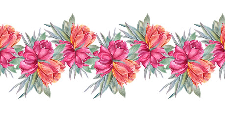 Watercolor seamless rim with bouquet red orange yellow pink tulip with green leaves on white background. Spring flower for celebration march 8 or birthday. Border for frame. Wallpaper or wrapping