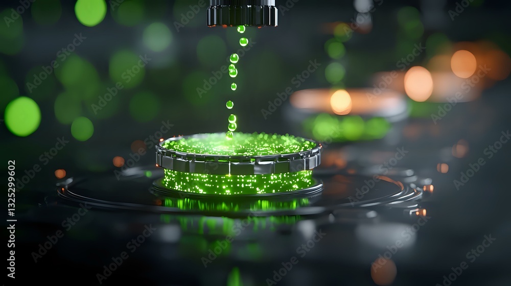 Poster liquid drop splashing into green glowing substance creating ripple effect with bokeh background, cap