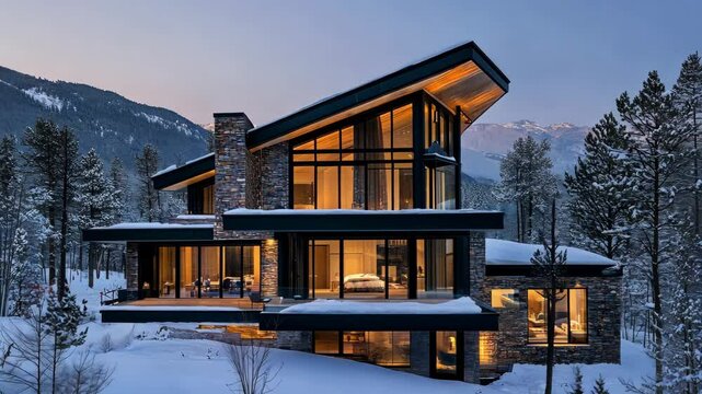 Modern mountain retreat with panoramic views and cozy interior lighting at dusk
