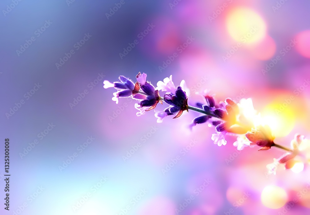 Poster delicate purple flower branch with soft bokeh background in pink and yellow tones creates dreamy spr