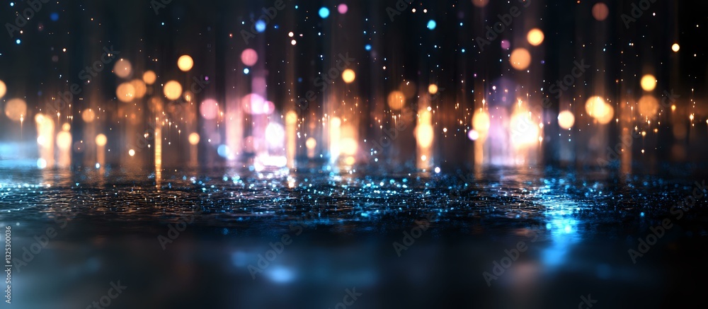 Aufkleber glowing bokeh lights reflecting on wet surface with blurred background creating magical atmosphere. 