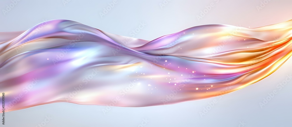 Poster flowing iridescent silk fabric with glowing sparkles in motion against light background, soft purple