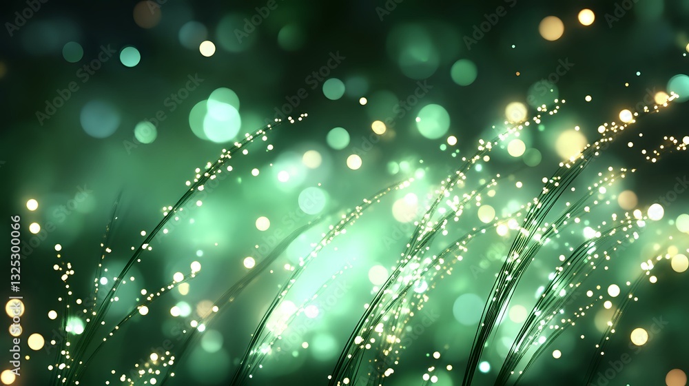 Aufkleber magical emerald green bokeh background with glowing golden particles and curved light trails creatin