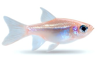 Fototapeta premium Luminescent pink and blue tetra fish with translucent fins swimming gracefully on white background, isolated aquatic creature for design projects.