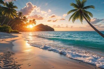 Tropical Beach Sunrise Vector Art Relaxing Island Shoreline Scene