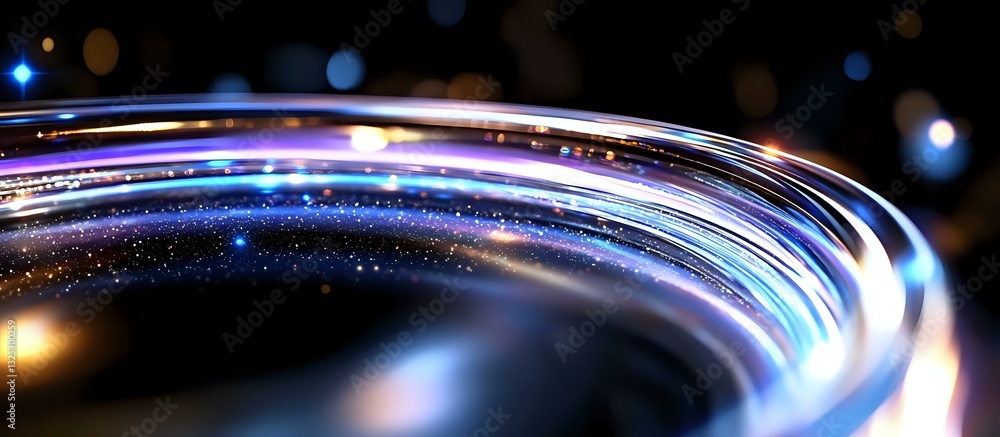 Poster dynamic light trails curve across dark background with glowing blue and purple streaks, sparkling pa