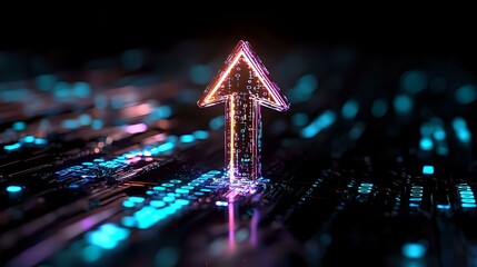 Glowing neon pink arrow points upward against digital matrix background with blue technology elements, representing growth and digital transformation.