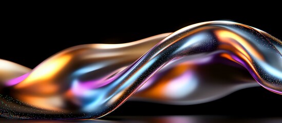 Abstract liquid metal wave with iridescent rainbow colors flowing on black background creates dynamic modern art composition with smooth curves and reflections.