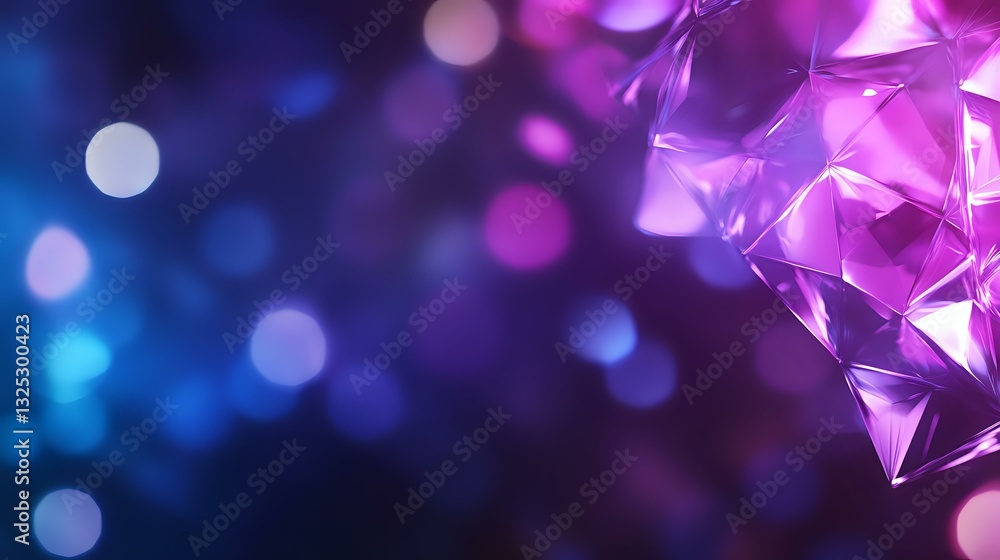 Poster abstract geometric crystal shapes in purple and blue with soft bokeh light effects creating magical 