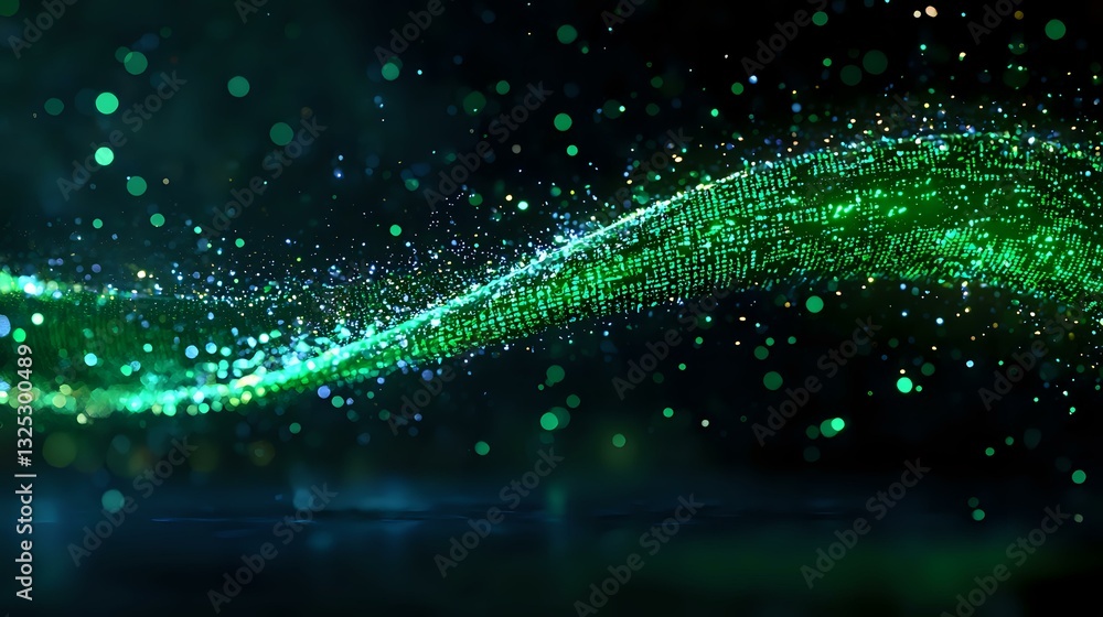 Poster abstract green glowing wave with sparkles and particles flowing on dark background, digital technolo
