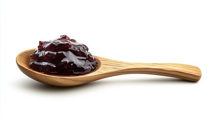 Plum jam in a wooden spoon, top view, on a white background, isolate