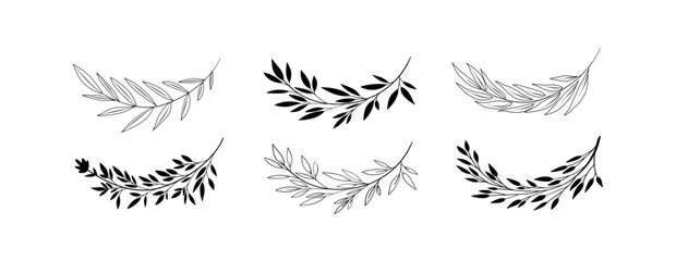 A floral botanical vector set with six elegant hand-drawn wreath with branches in black and white. Perfect for branding, logos, wedding invitations, and modern design projects.
